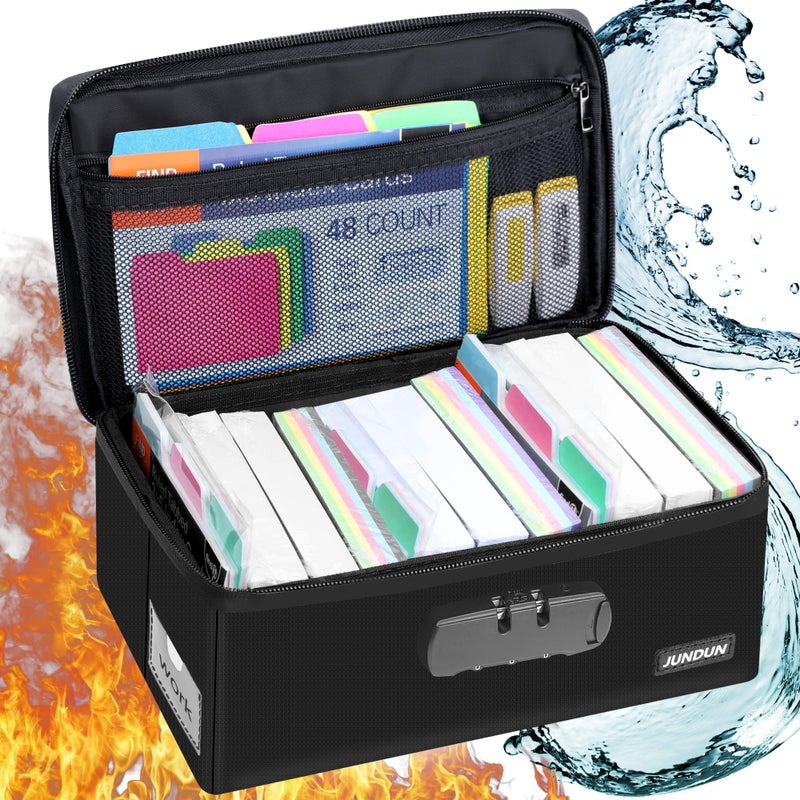 JUNDUN Fireproof Index Card Holder with Lock, Collapsible, Black, 4x6 Inch - Image 1